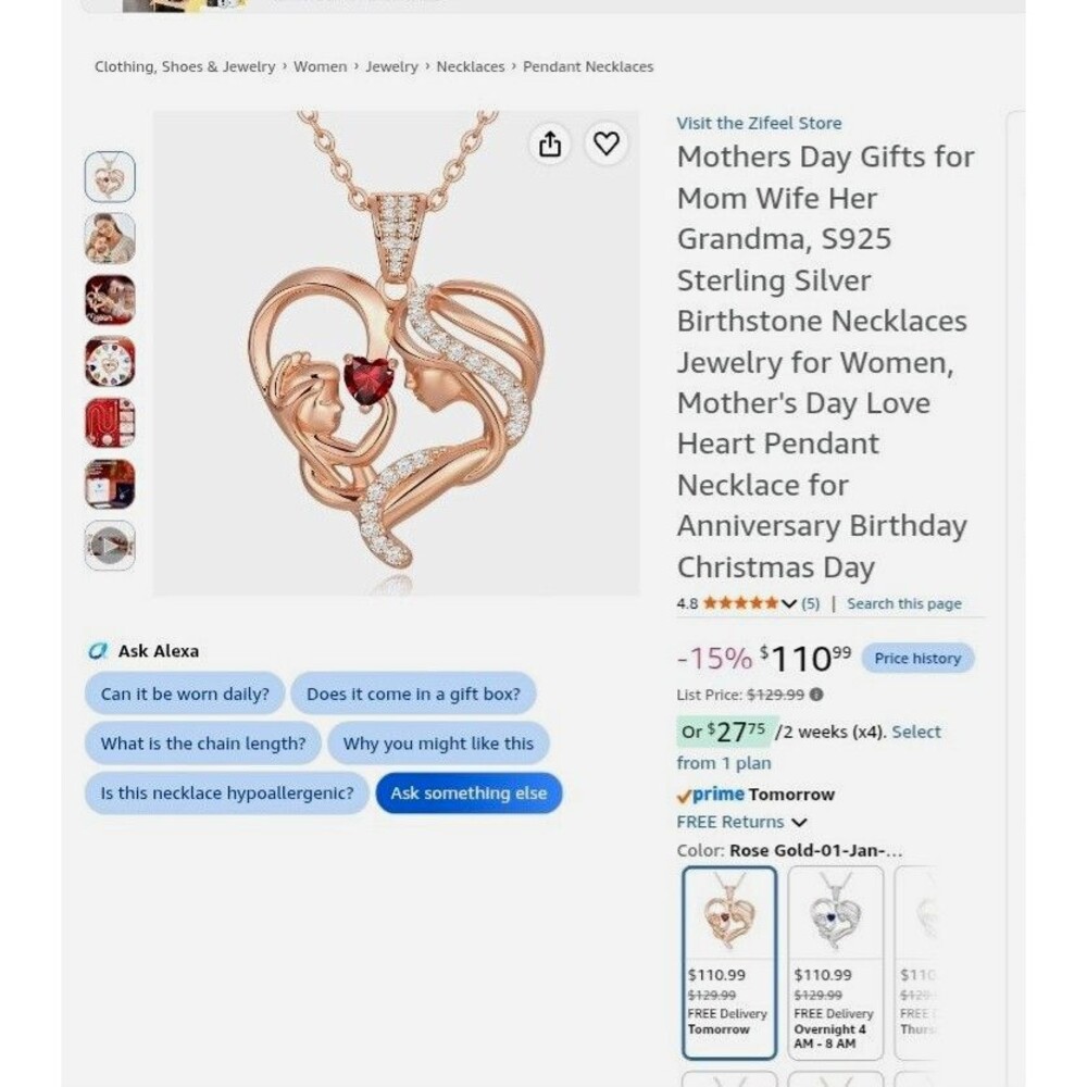 Zifeel Sterling Silver Rose Gold Heart Pendant Necklace Red Simulated CZ